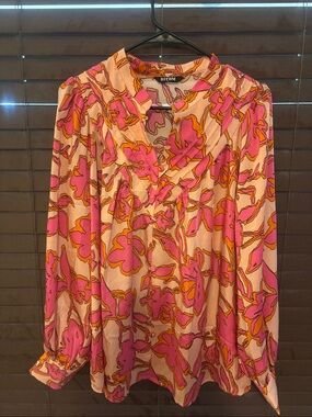 Pink & Orange Floral V-Neck Long-Sleeve Blouse